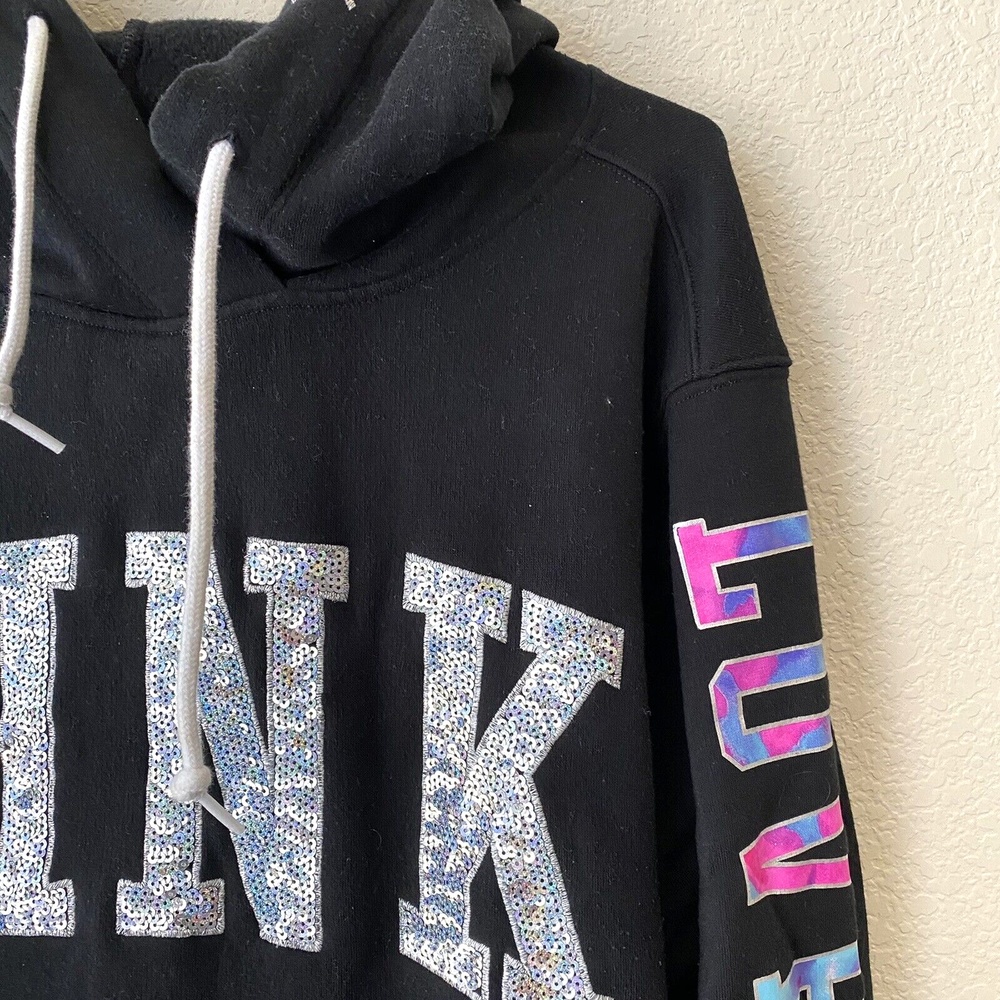 Pink Victoria's Secret Womens Bling Watercolor Hooded Pullover Sweater Size L - Picture 3 of 7